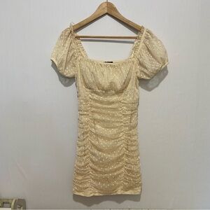 Blāshe Puff Sleeve Mini Dress M Beige Ruched Swiss Dot‎ Mesh Cottagecore Preppy